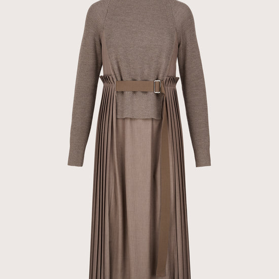 taupe jumper dress with pleated skirt detailing, belt and different fabric skirt and rear