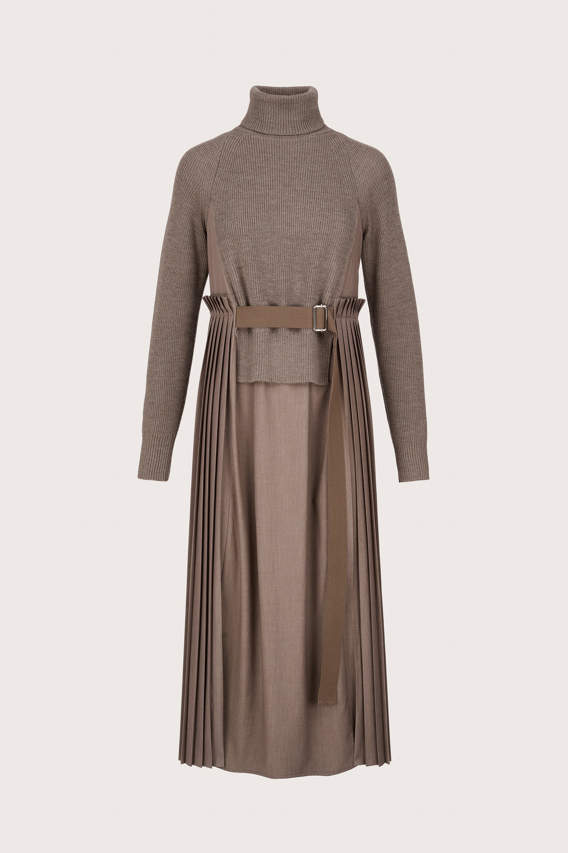 taupe jumper dress with pleated skirt detailing, belt and different fabric skirt and rear
