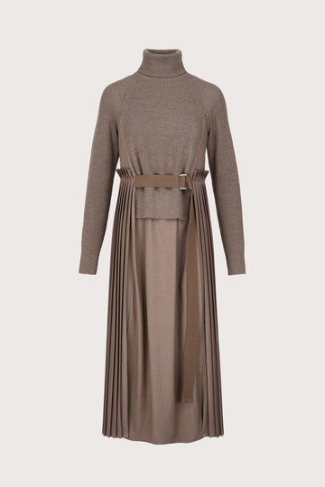 taupe jumper dress with pleated skirt detailing, belt and different fabric skirt and rear
