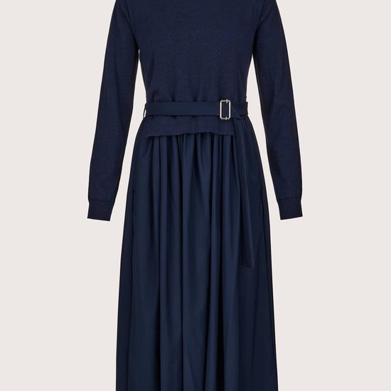 navy blue jumper dress with different fabric skirt and rear