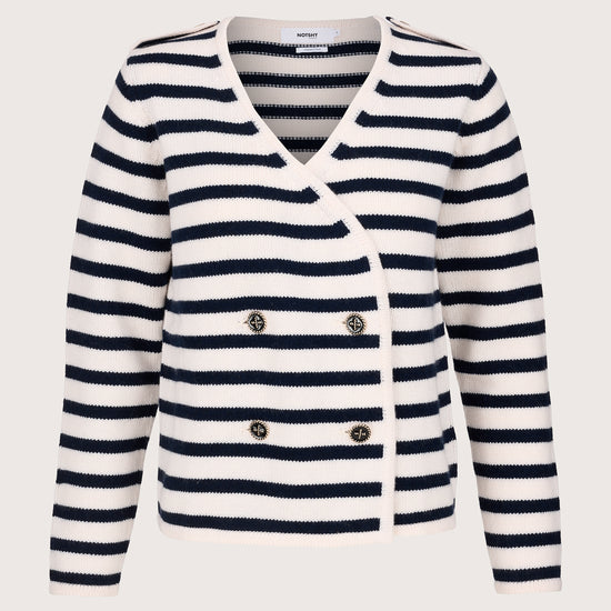 ecru cardigan with navy stripes, v neck and gold buttons