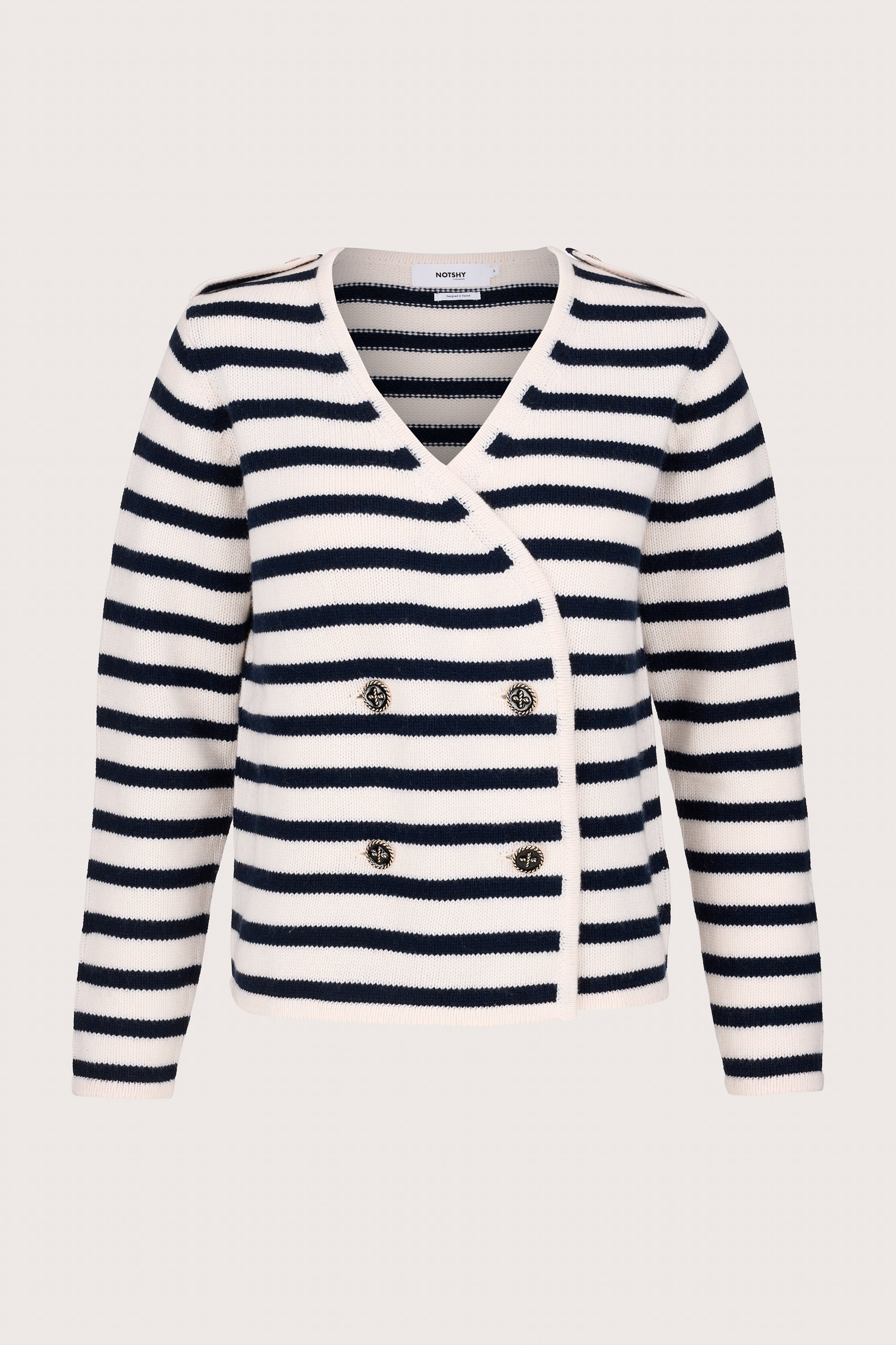 ecru cardigan with navy stripes, v neck and gold buttons