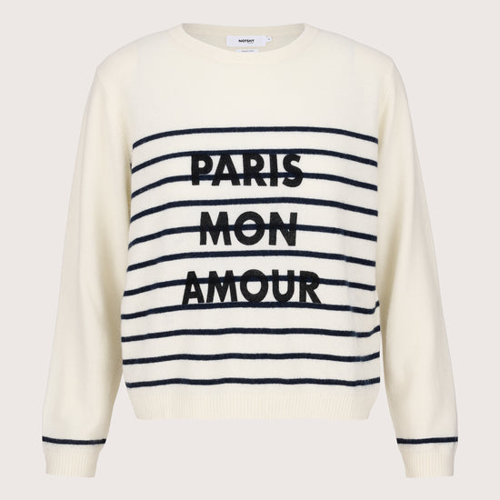 ecru cashmere round neck knit with navy stripes and paris mon amour on the front