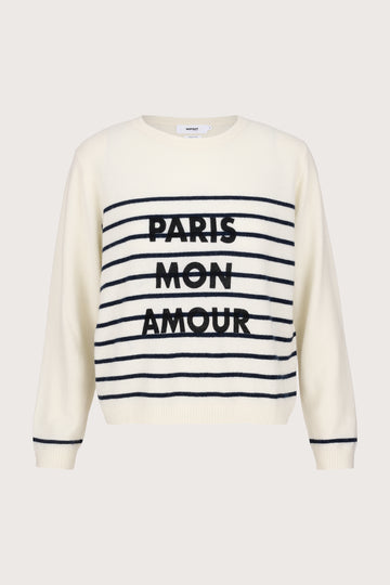 ecru cashmere round neck knit with navy stripes and paris mon amour on the front