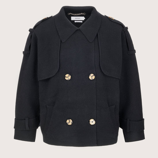 black cashmere knitted short jacket with collar and double breasted design