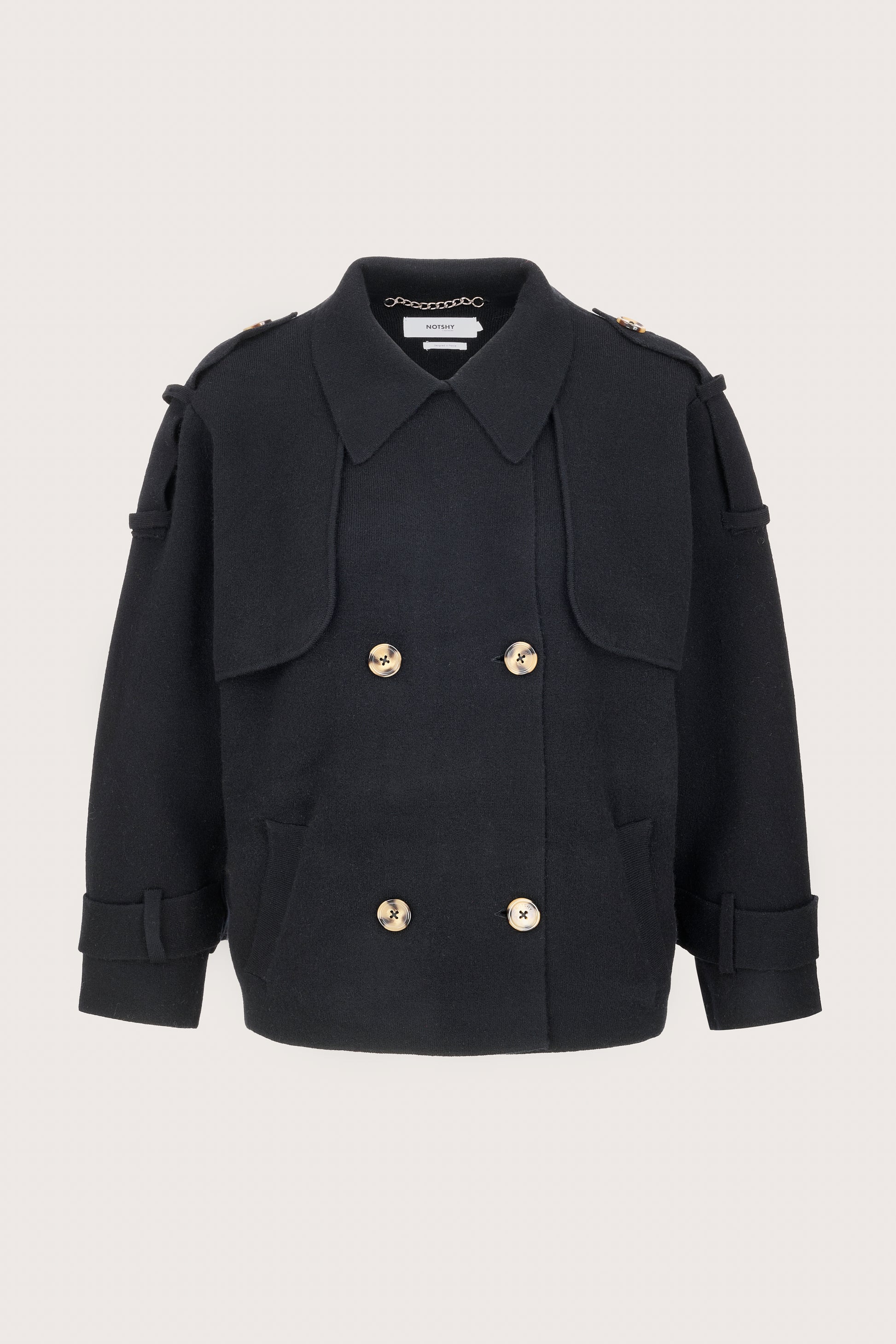 black cashmere knitted short jacket with collar and double breasted design