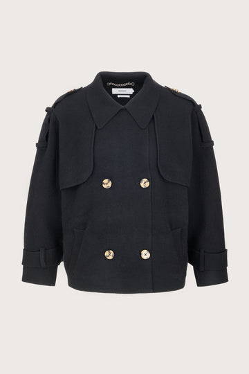 black cashmere knitted short jacket with collar and double breasted design