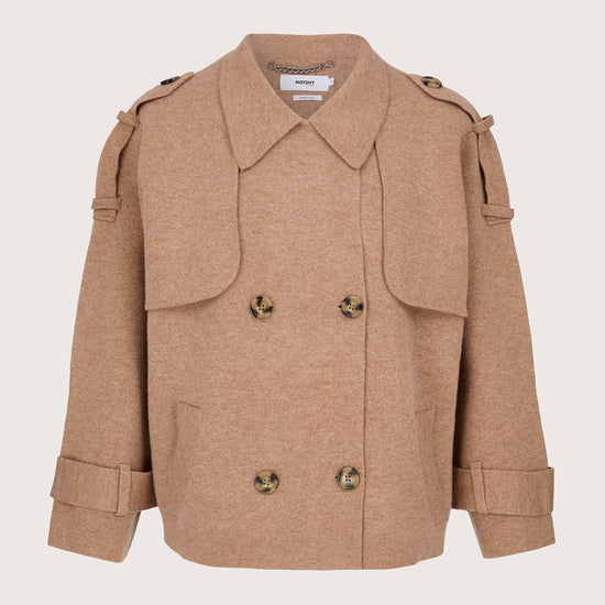 camel cashmere short trench style jacket with belted tab detailing on cuffs and double breasted design