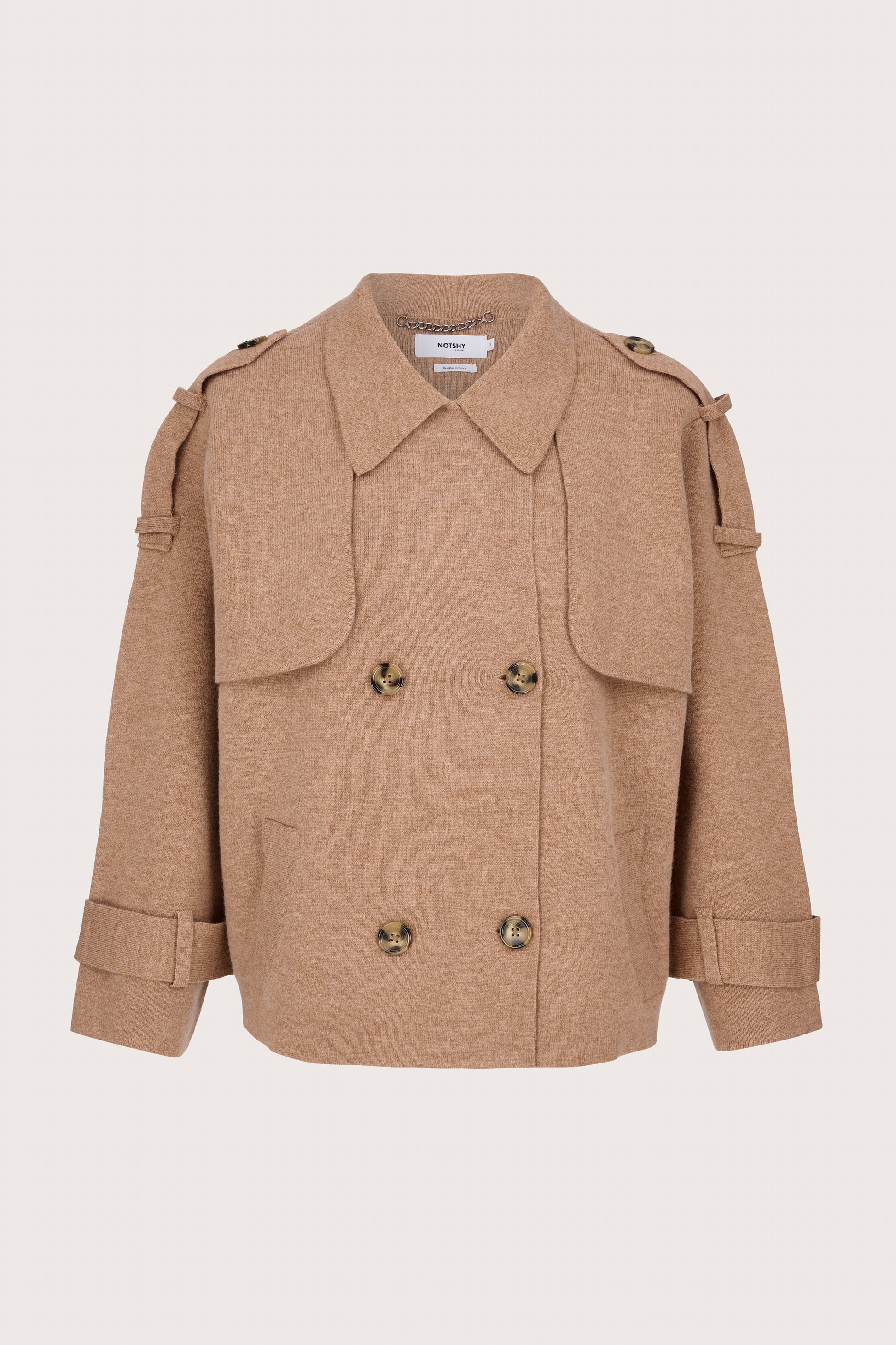 camel cashmere short trench style jacket with belted tab detailing on cuffs and double breasted design
