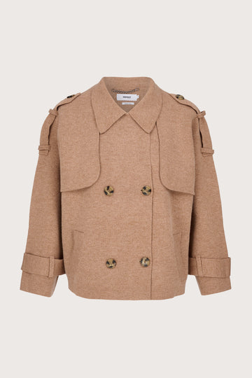 camel cashmere short trench style jacket with belted tab detailing on cuffs and double breasted design