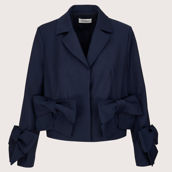 navy cropped blazer with 2 bows on the front and cuffs