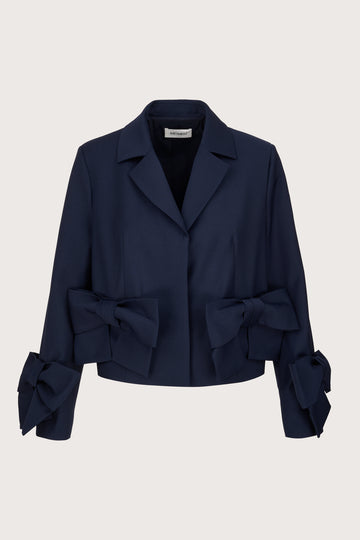 navy cropped blazer with 2 bows on the front and cuffs