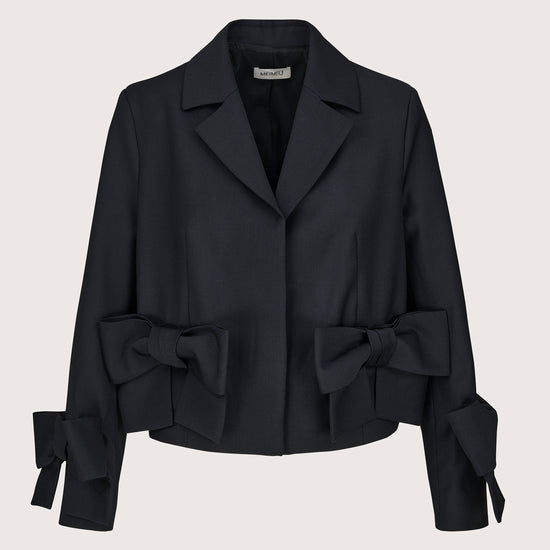 black cropped blazer with 2 bows on the front and cuffs