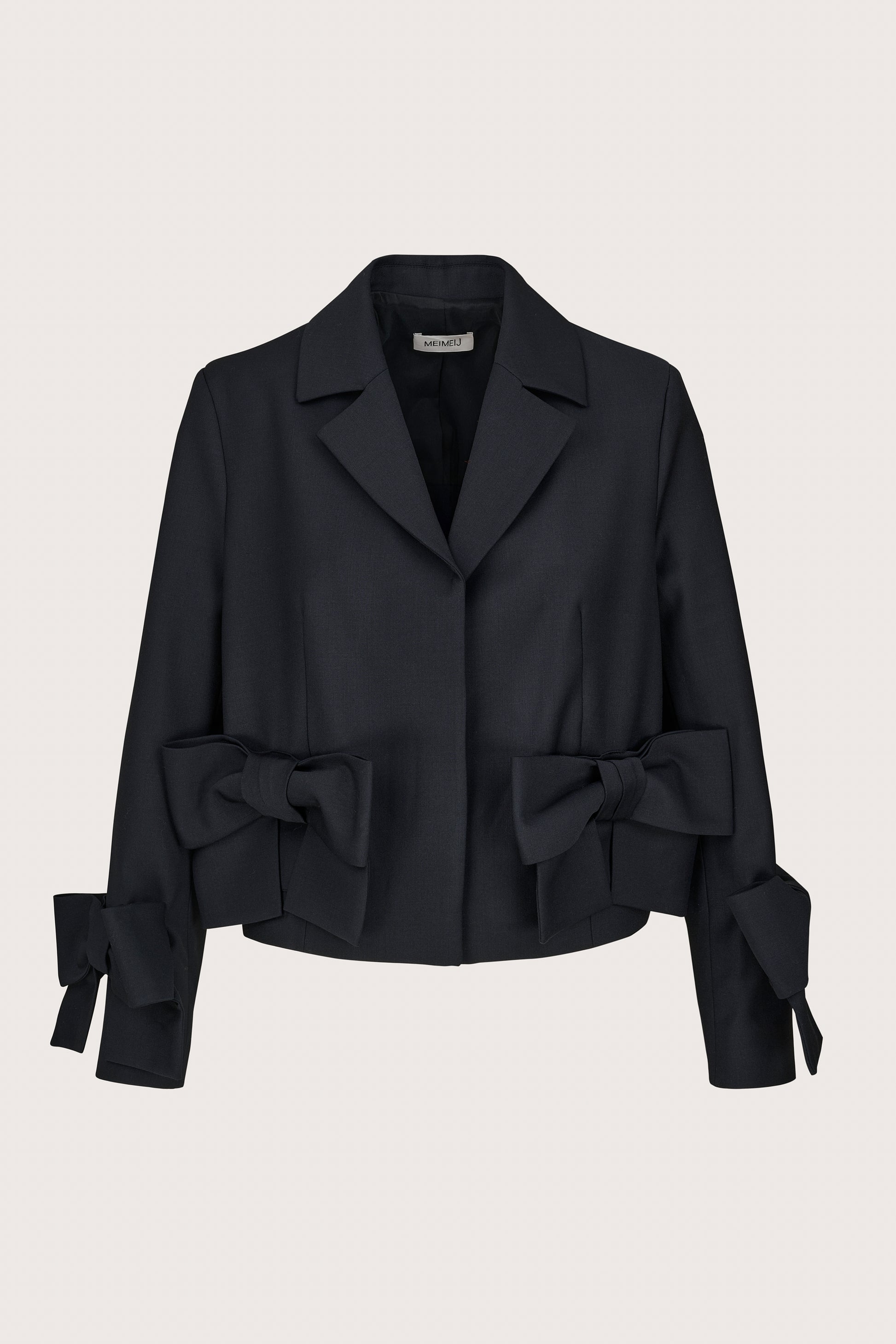 black cropped blazer with 2 bows on the front and cuffs