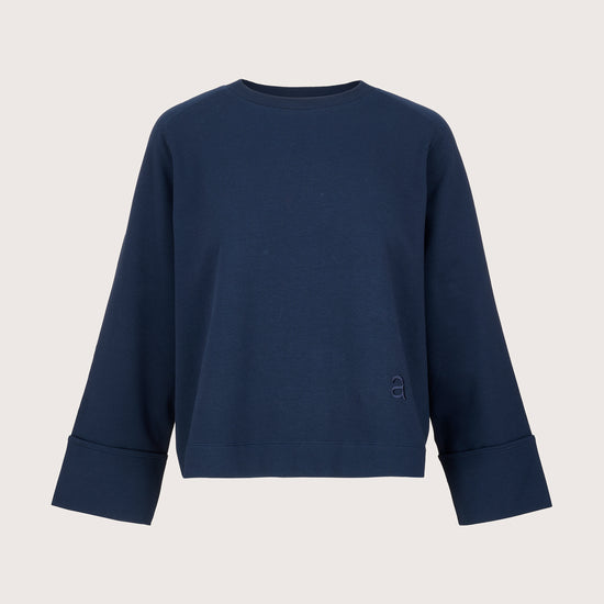 navy round neck jumper with wide sleeves