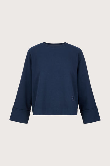 navy round neck jumper with wide sleeves
