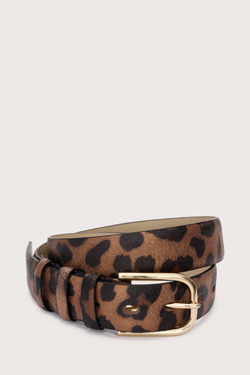 Leopard print belt with a gold buckle on a beige background
