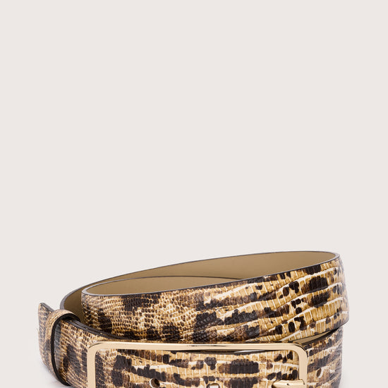 Faux snake print leather belt with gold tone buckle