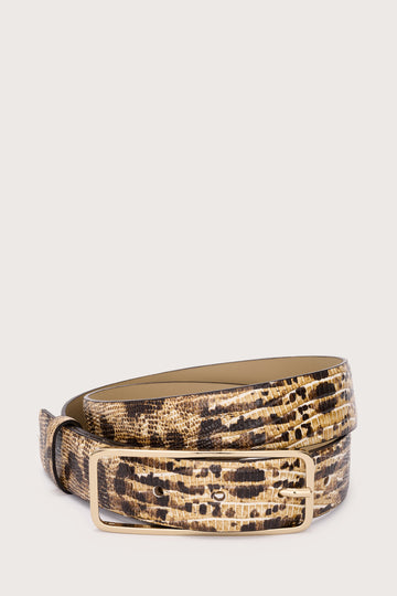 Faux snake print leather belt with gold tone buckle