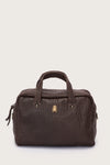 Brown leather bag with a gold clasp on a light gray background