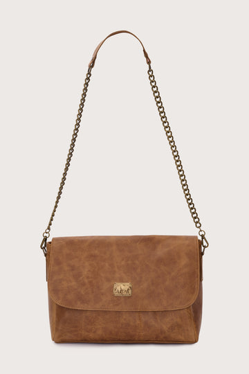 caramel leather flap bag with chain strap and panther stamp