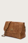 caramel leather flap bag with chain strap and panther stamp side view