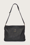 black leather bag with black linen strap and metal stamp detailing