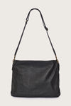 black leather bag with black linen strap and metal stamp detailing rear view