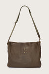 khaki green leather bag with khaki green linen strap and metal stamp detailing