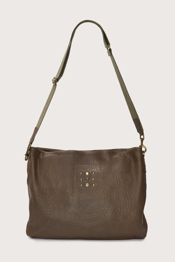khaki green leather bag with khaki green linen strap and metal stamp detailing
