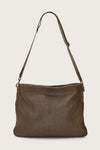 khaki green leather bag with khaki green linen strap and metal stamp detailing rear view