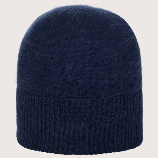 Navy cashmere blue knit beanie on a light gray background from Absolute Cashmere