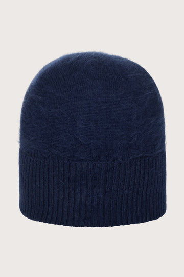 Navy cashmere blue knit beanie on a light gray background from Absolute Cashmere