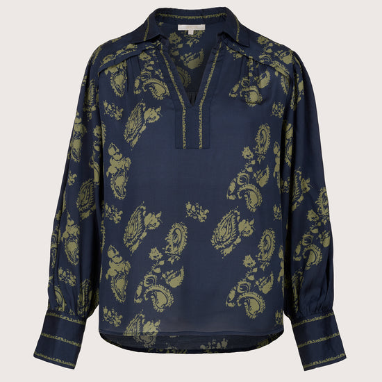 navy blue blouse with khaki paisley print with collar and v neck from brdr