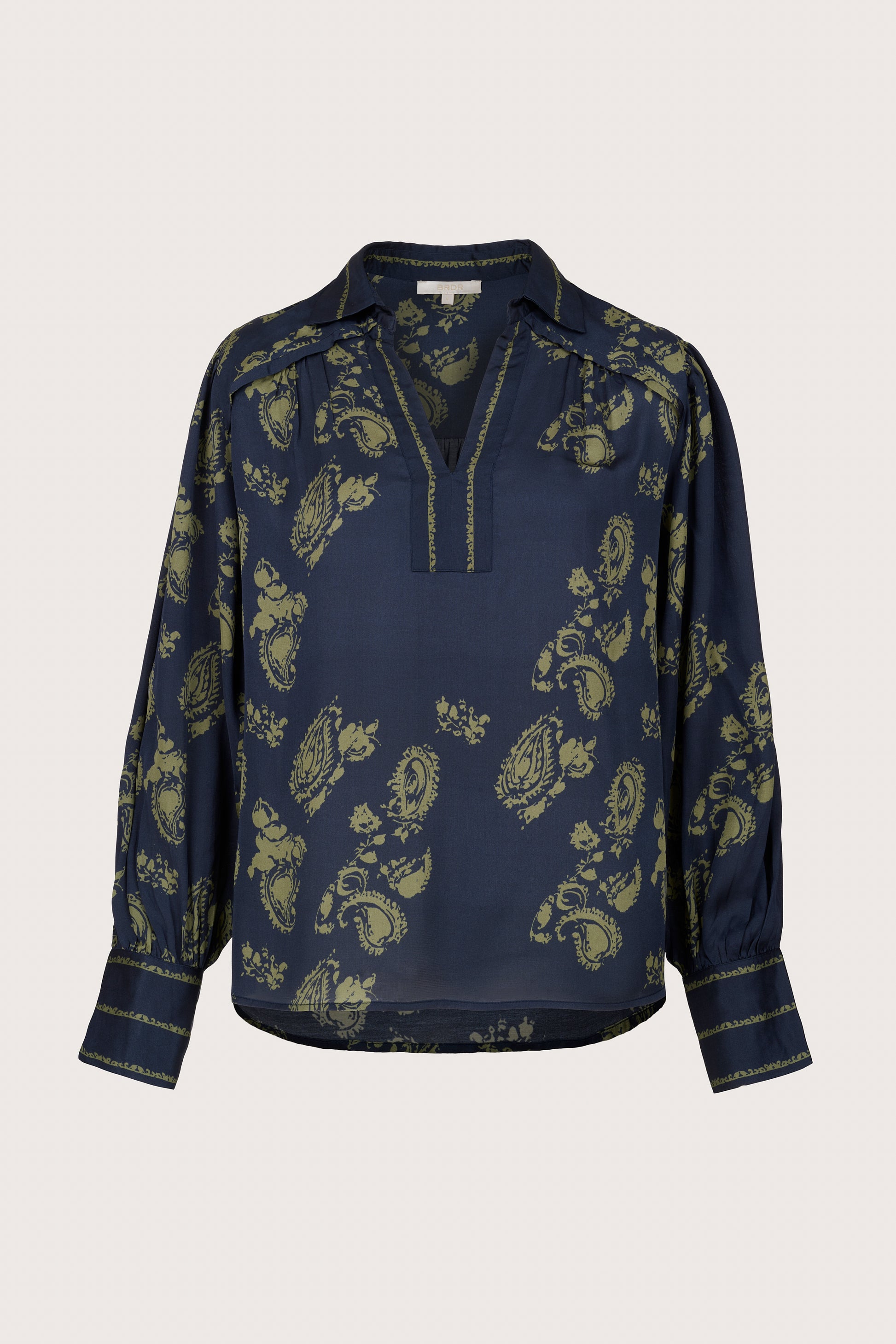 navy blue blouse with khaki paisley print with collar and v neck from brdr