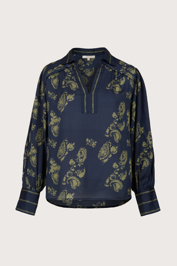 navy blue blouse with khaki paisley print with collar and v neck from brdr