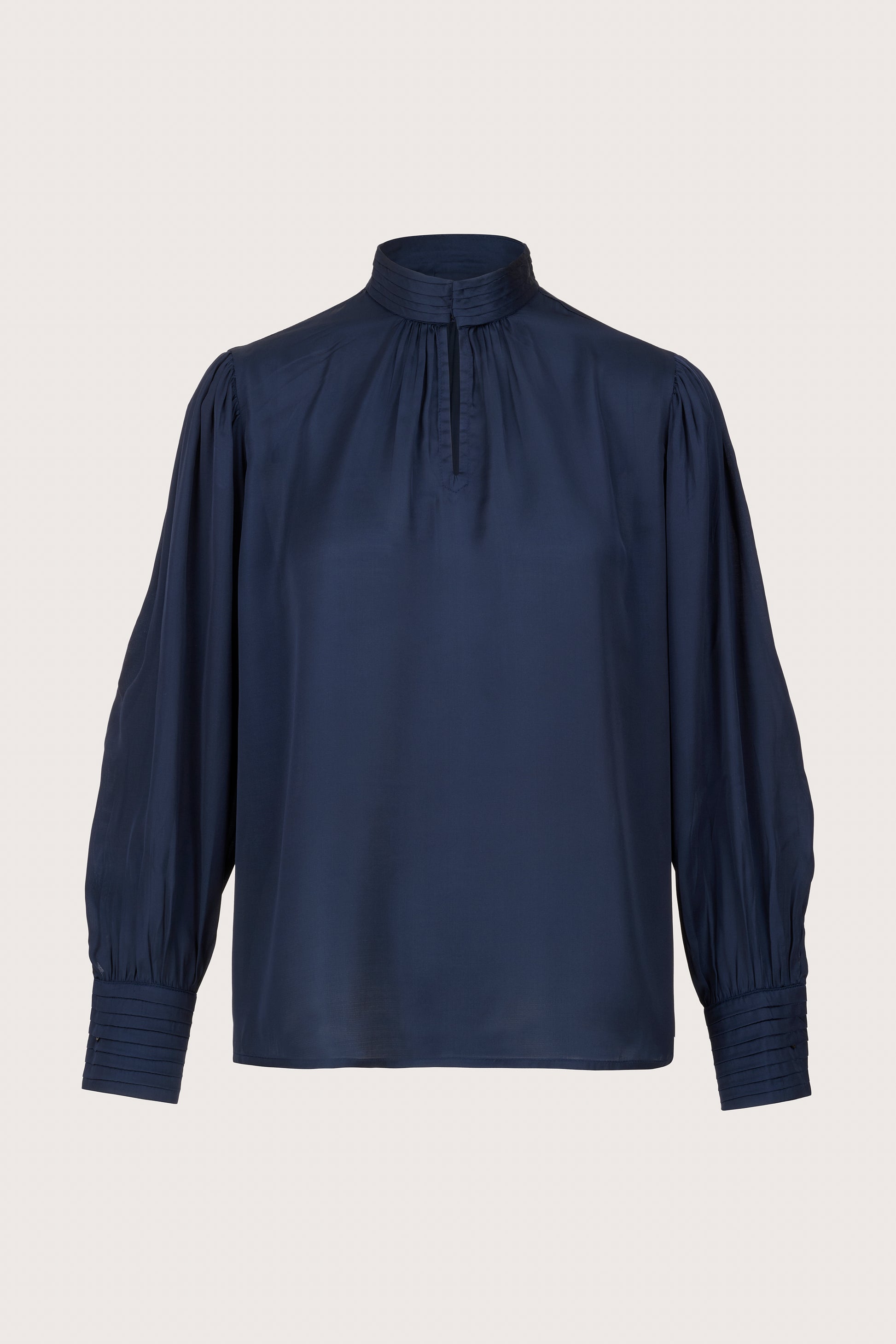 navy blouse with high neck with button closure with split neck from brdr