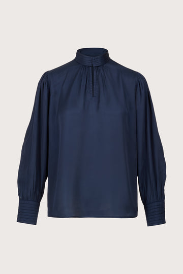 navy blouse with high neck with button closure with split neck from brdr