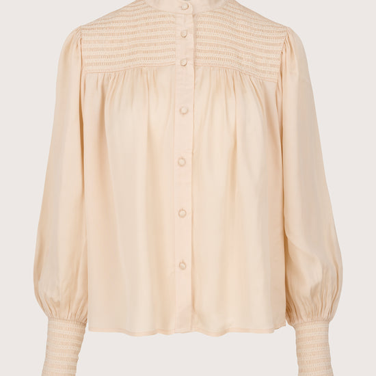 champagne light pink shirt with round neck and smocked chest form brdr