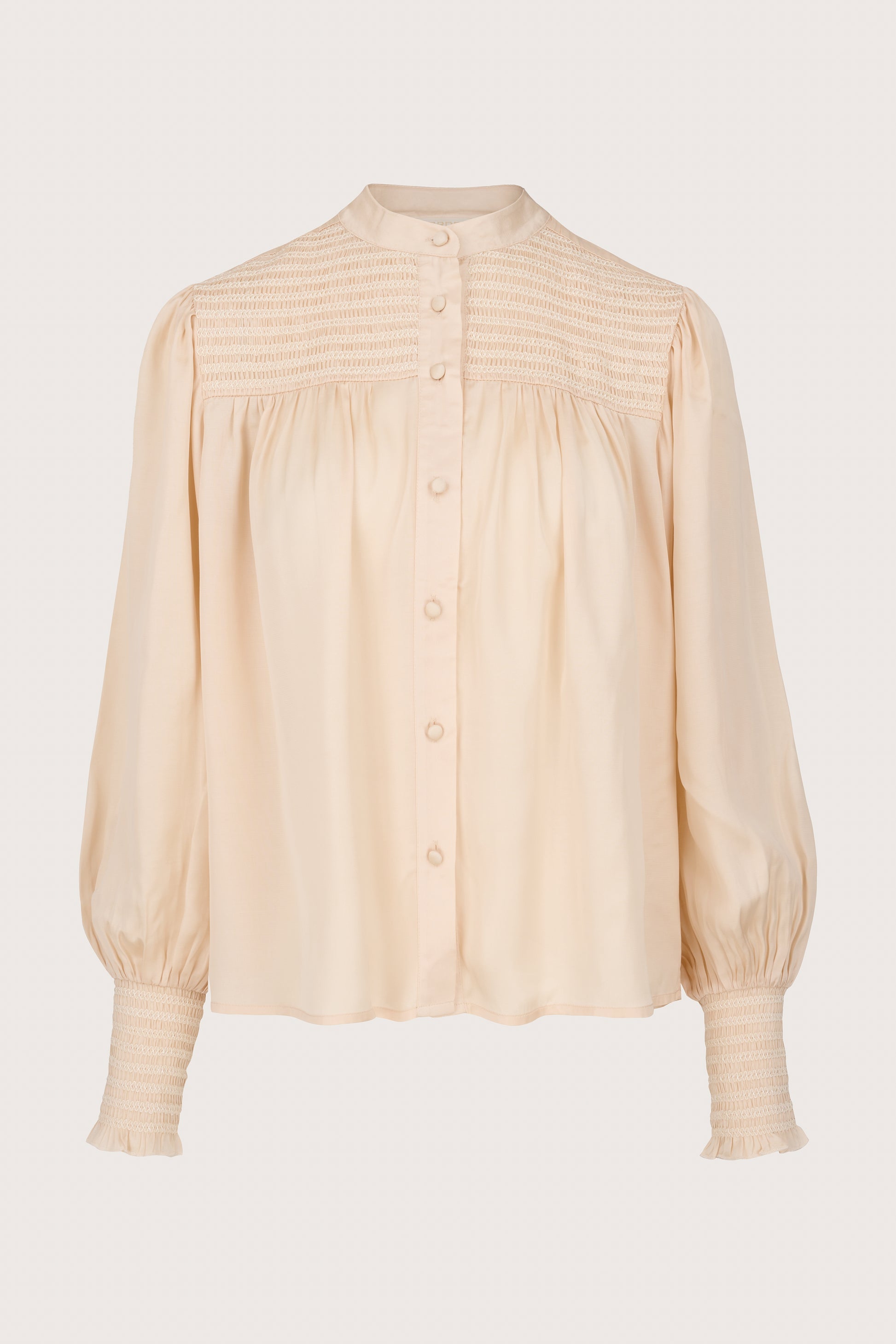 champagne light pink shirt with round neck and smocked chest form brdr