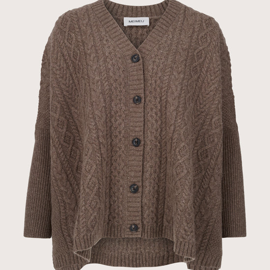 brown cable knit cardigan with v neck and black buttons from mei meij