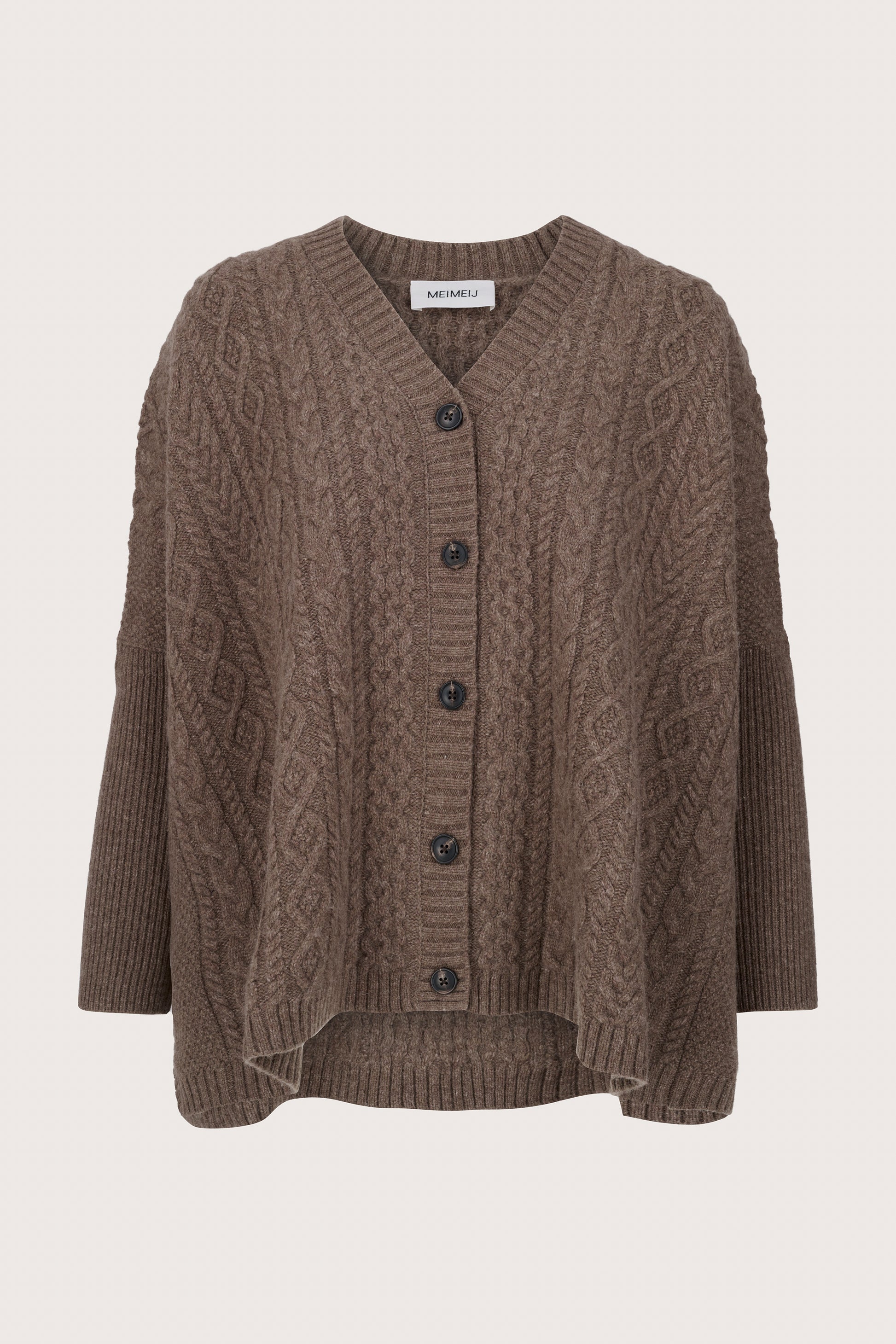 brown cable knit cardigan with v neck and black buttons from mei meij