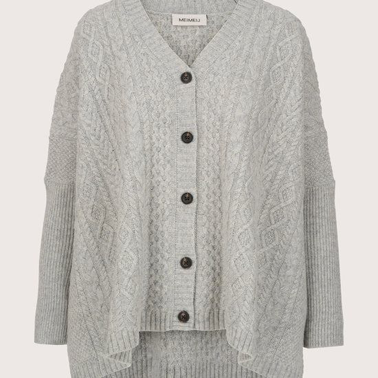 grey cable knit cardigan with v neck and black buttons from mei meij