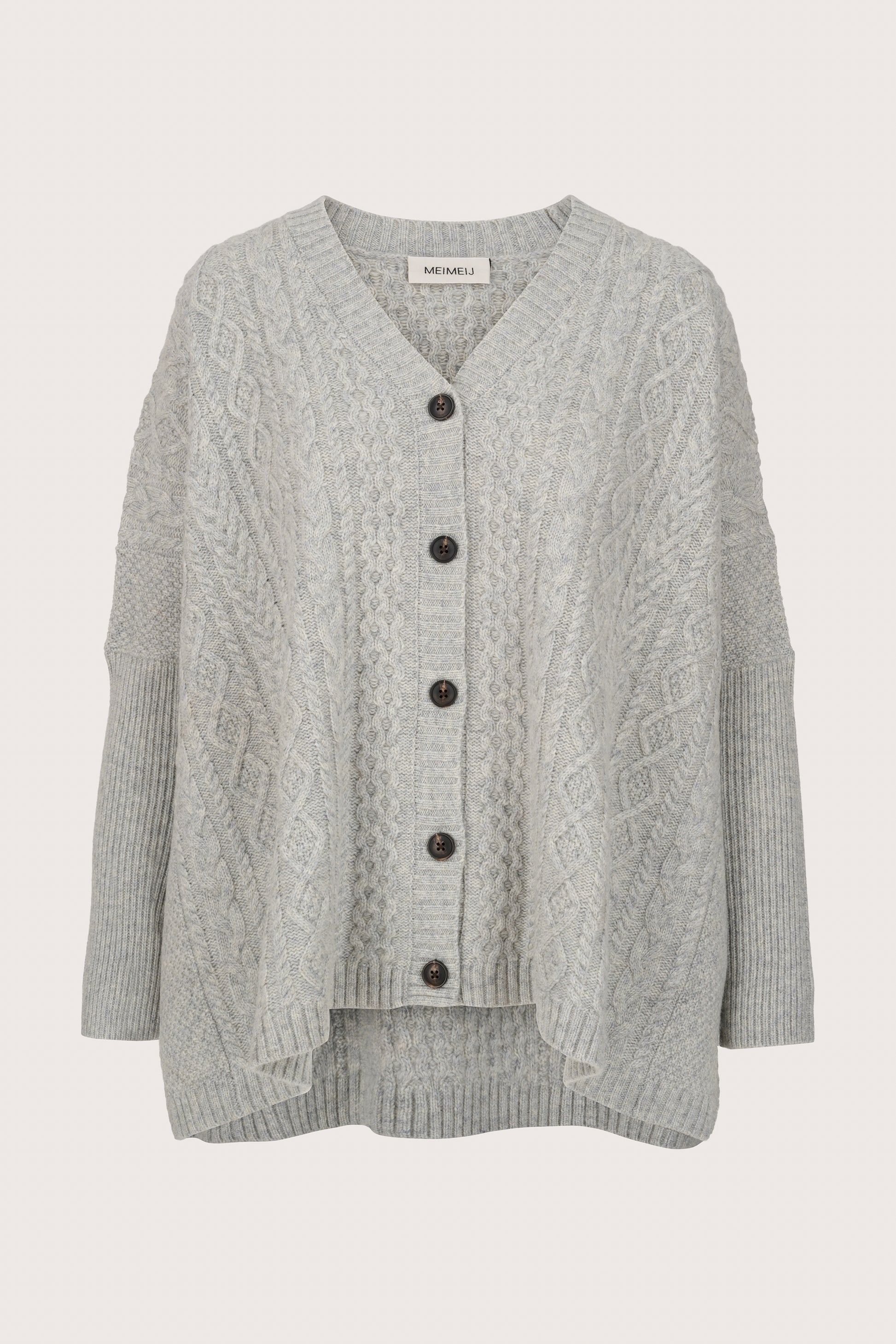 grey cable knit cardigan with v neck and black buttons from mei meij