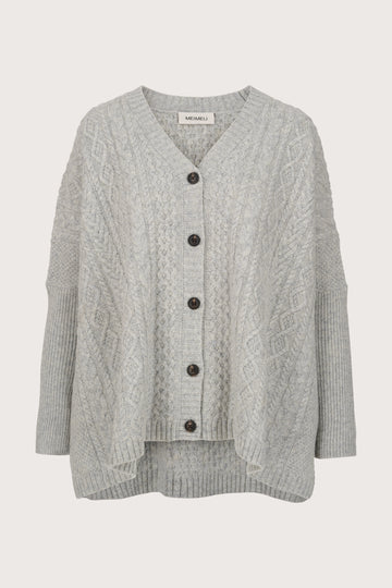grey cable knit cardigan with v neck and black buttons from mei meij