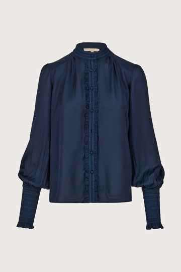 round neck navy shirt with slim cuffs and ruffle detailing from brdr