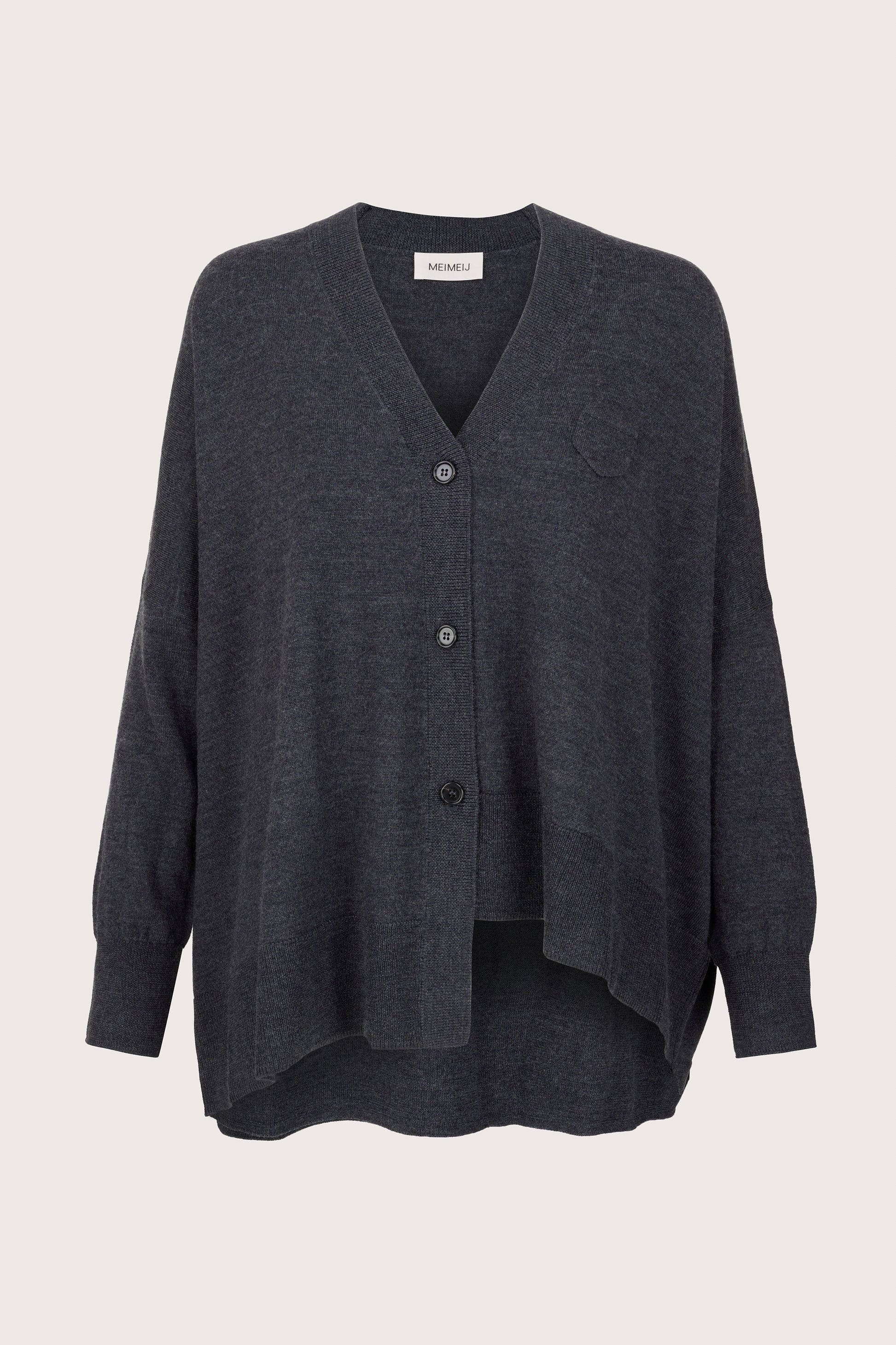 dark grey cardigan with mini pockets and step hem on one side form mei meij
