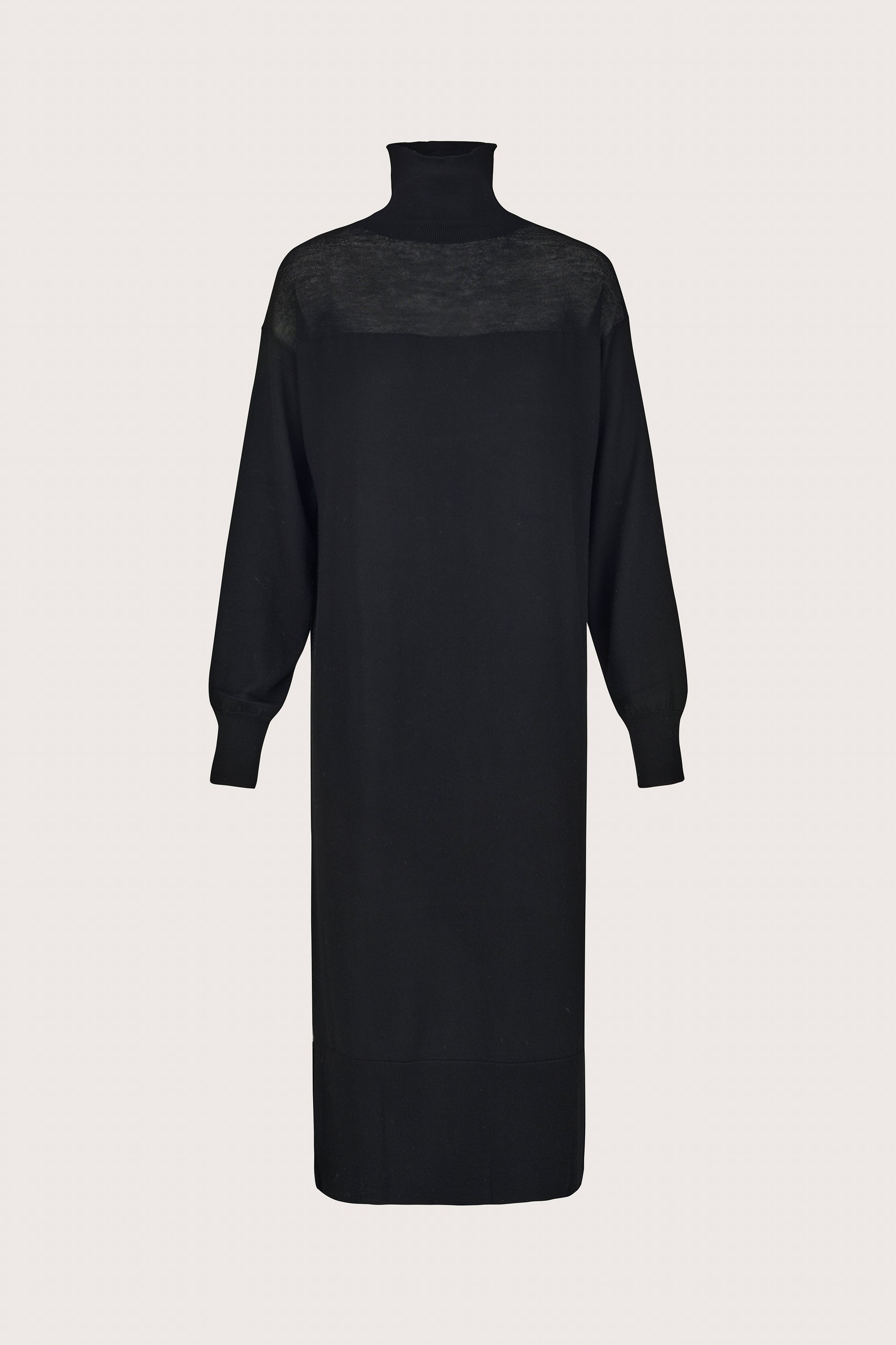black jumper dress with high neck and sheer section from mei meij