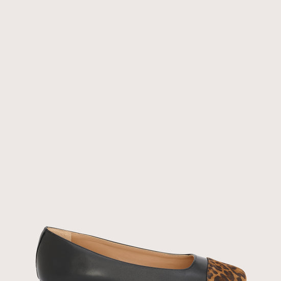 black leather pumps with animal print suede toe cap 