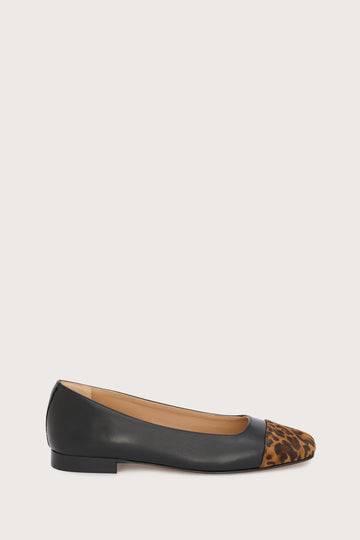black leather pumps with animal print suede toe cap 